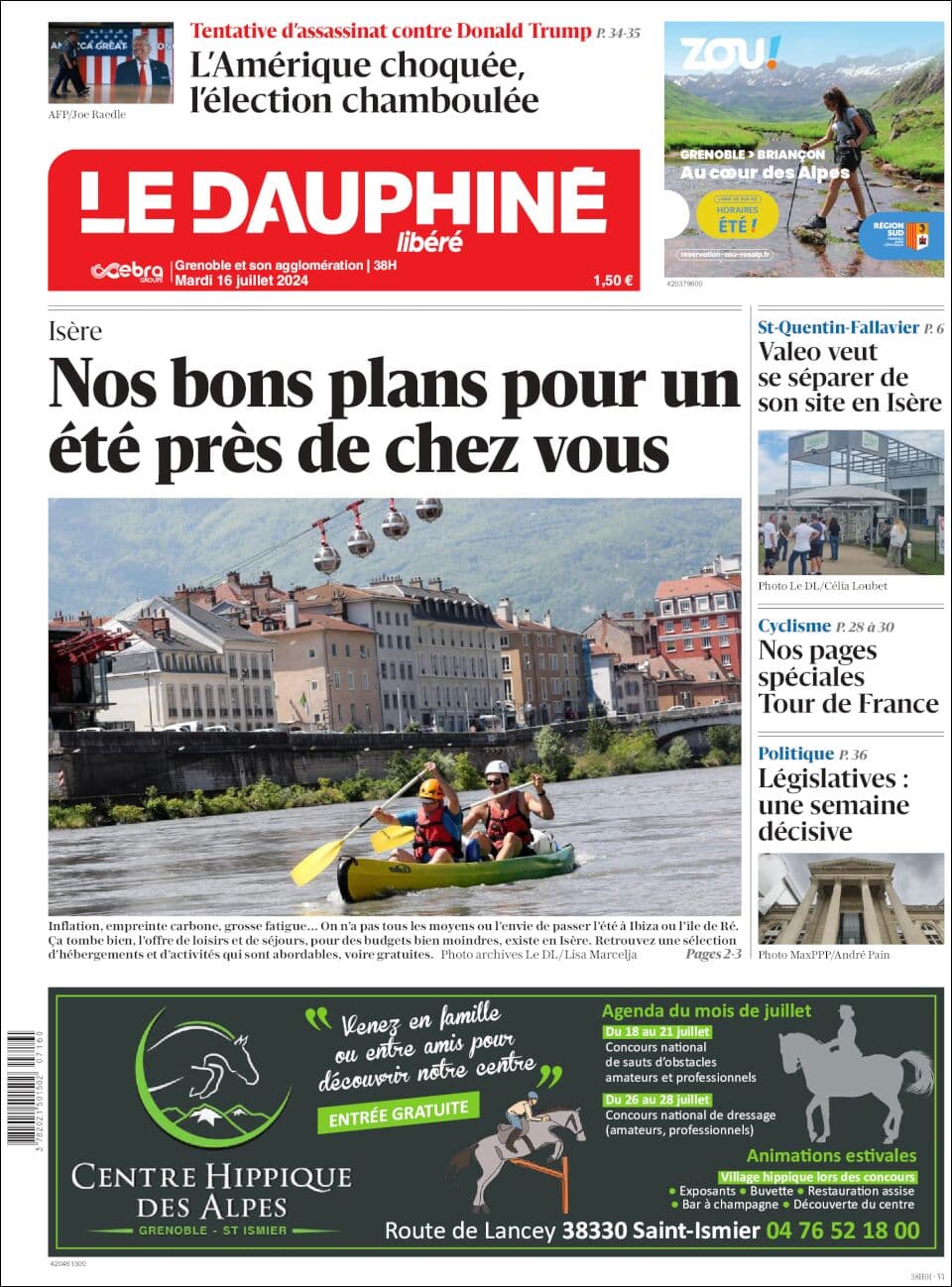 Le Dauphiné front page for Tue Jul 16 2024