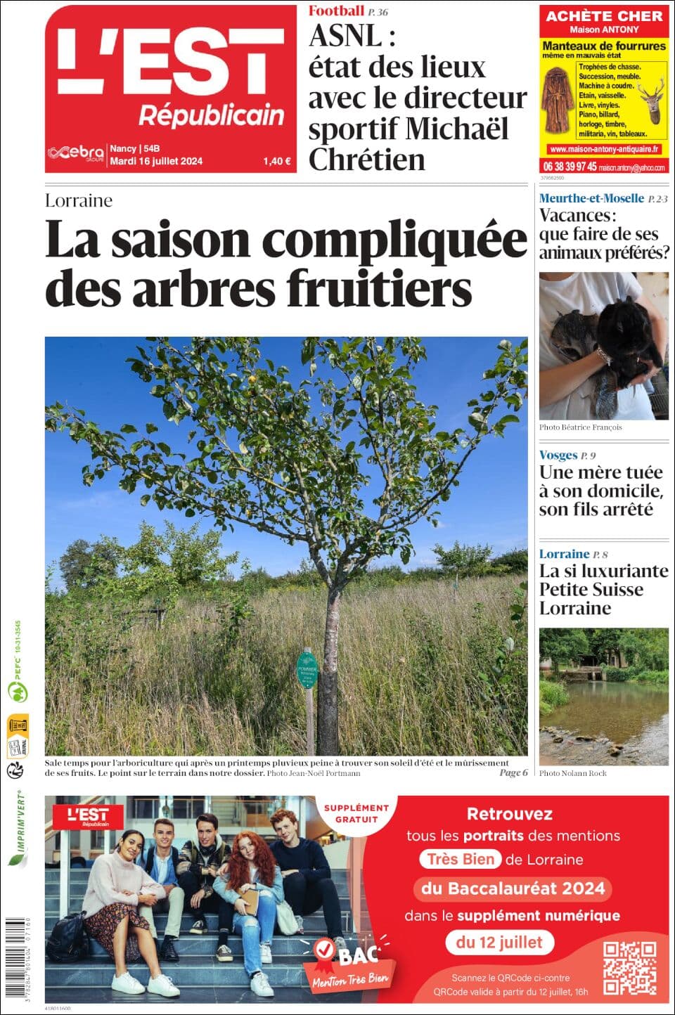 L'Est Républicain front page for Tue Jul 16 2024