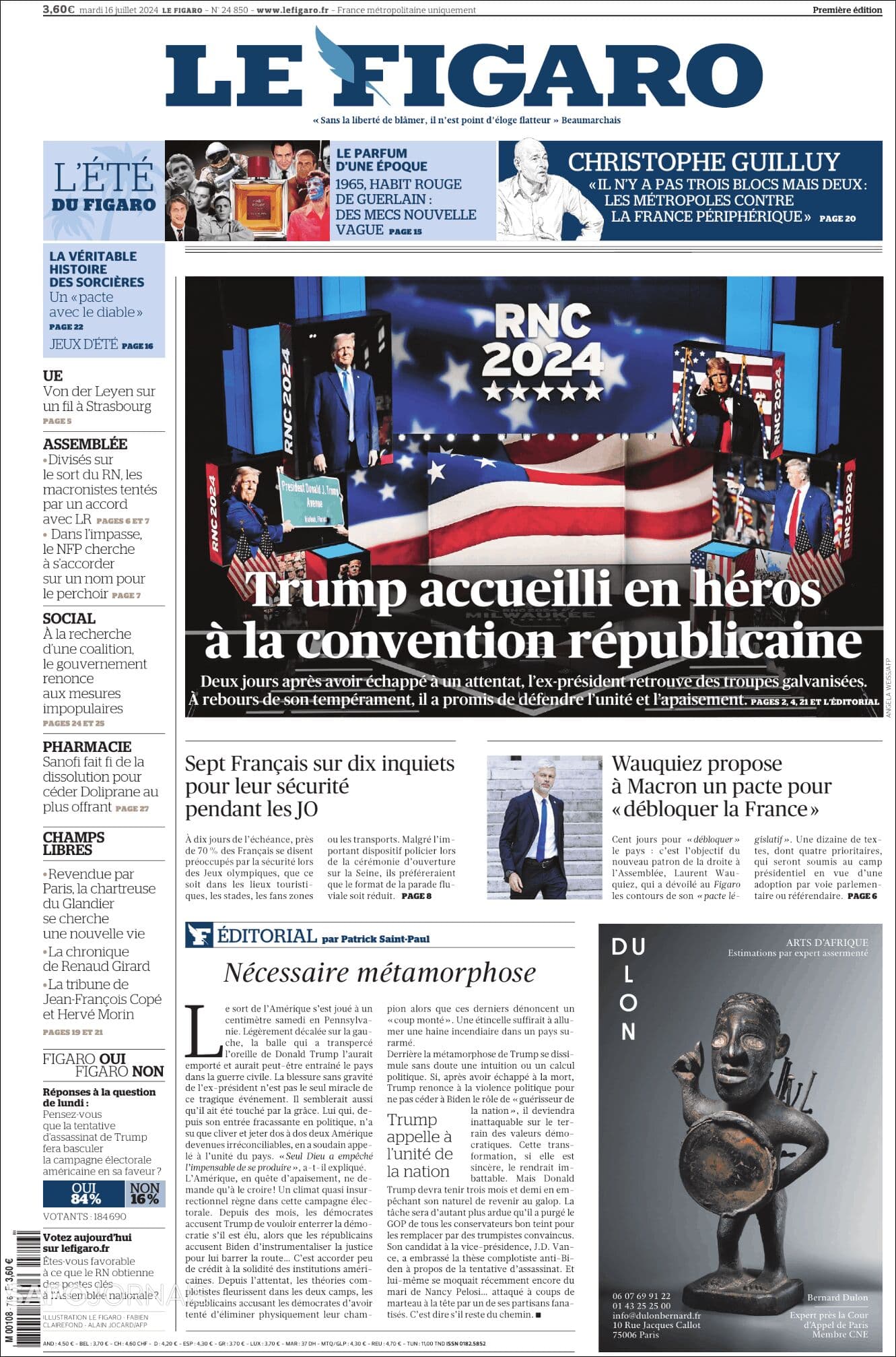 Le Figaro front page for Tue Jul 16 2024