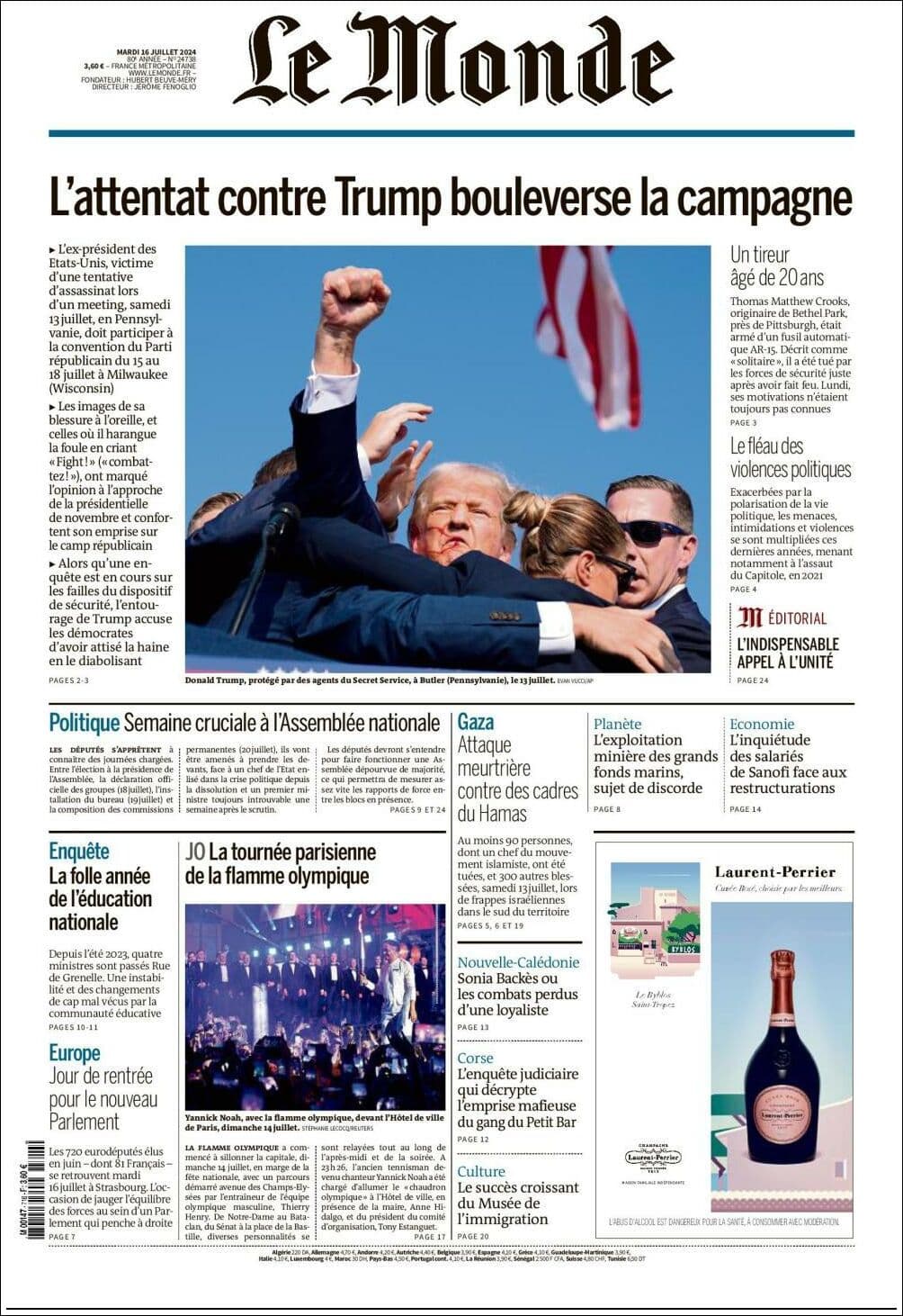 Le Monde front page for Tue Jul 16 2024