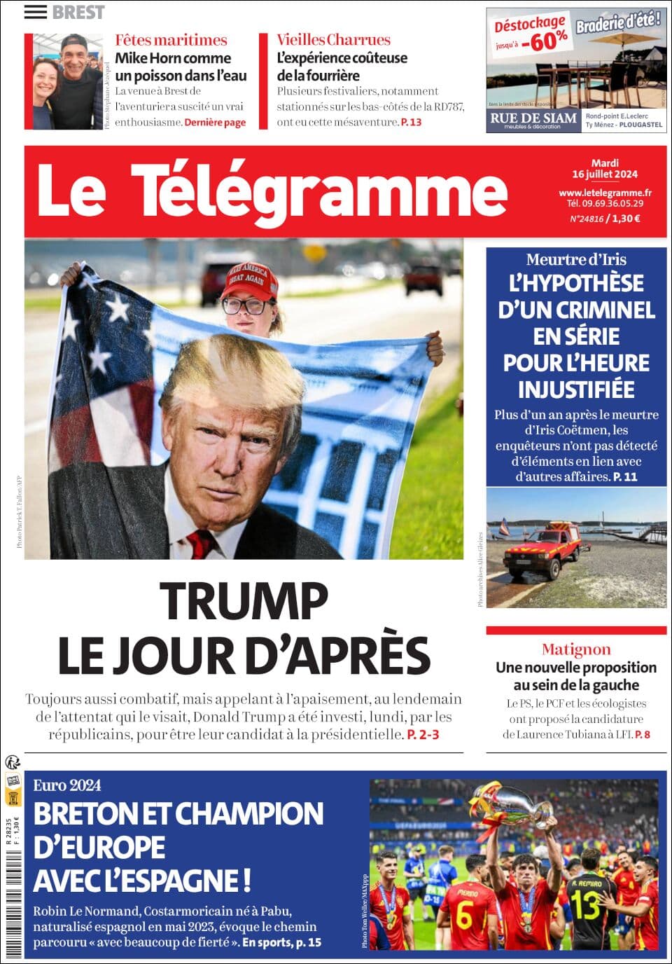 Le Télégramme front page for Tue Jul 16 2024