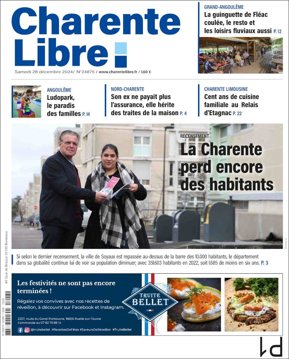 Charente Libre front page for Sat Dec 28 2024