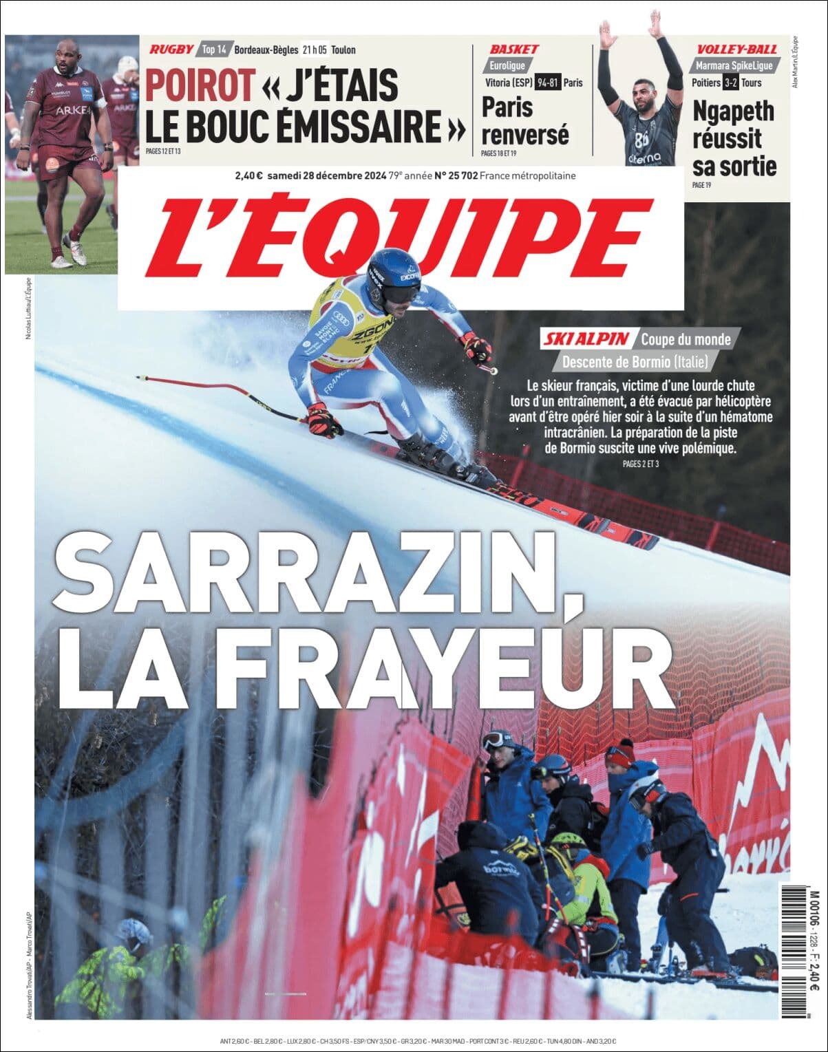 L'Équipe front page for Sat Dec 28 2024