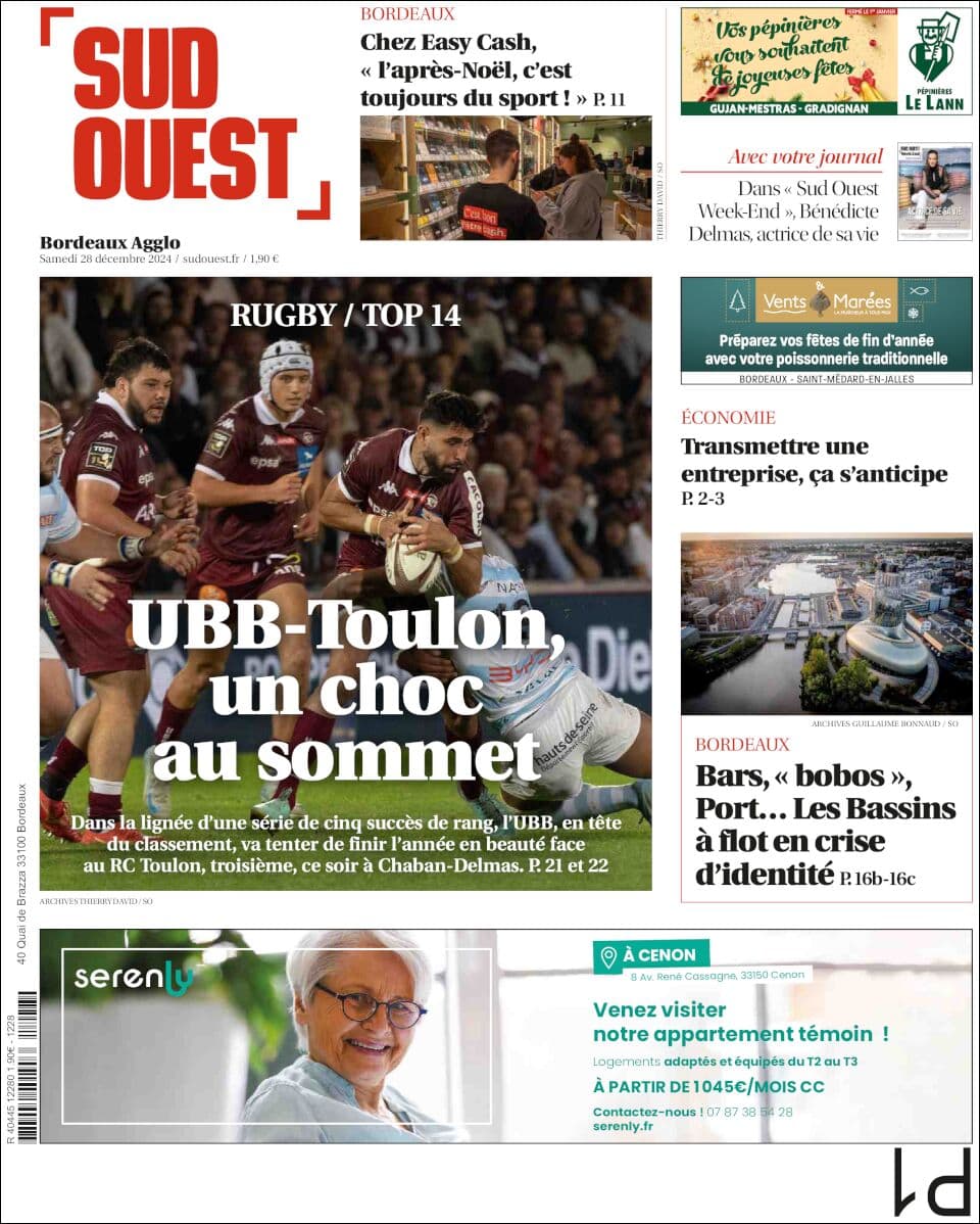 Sud Ouest front page for Sat Dec 28 2024