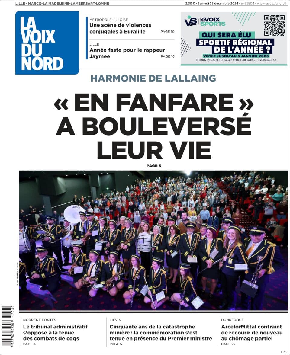 La Voix du Nord front page for Sat Dec 28 2024