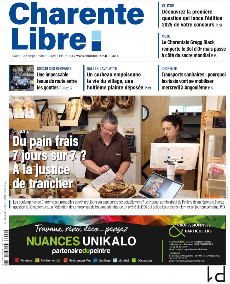 Charente Libre front page for Mon Sep 22 2025