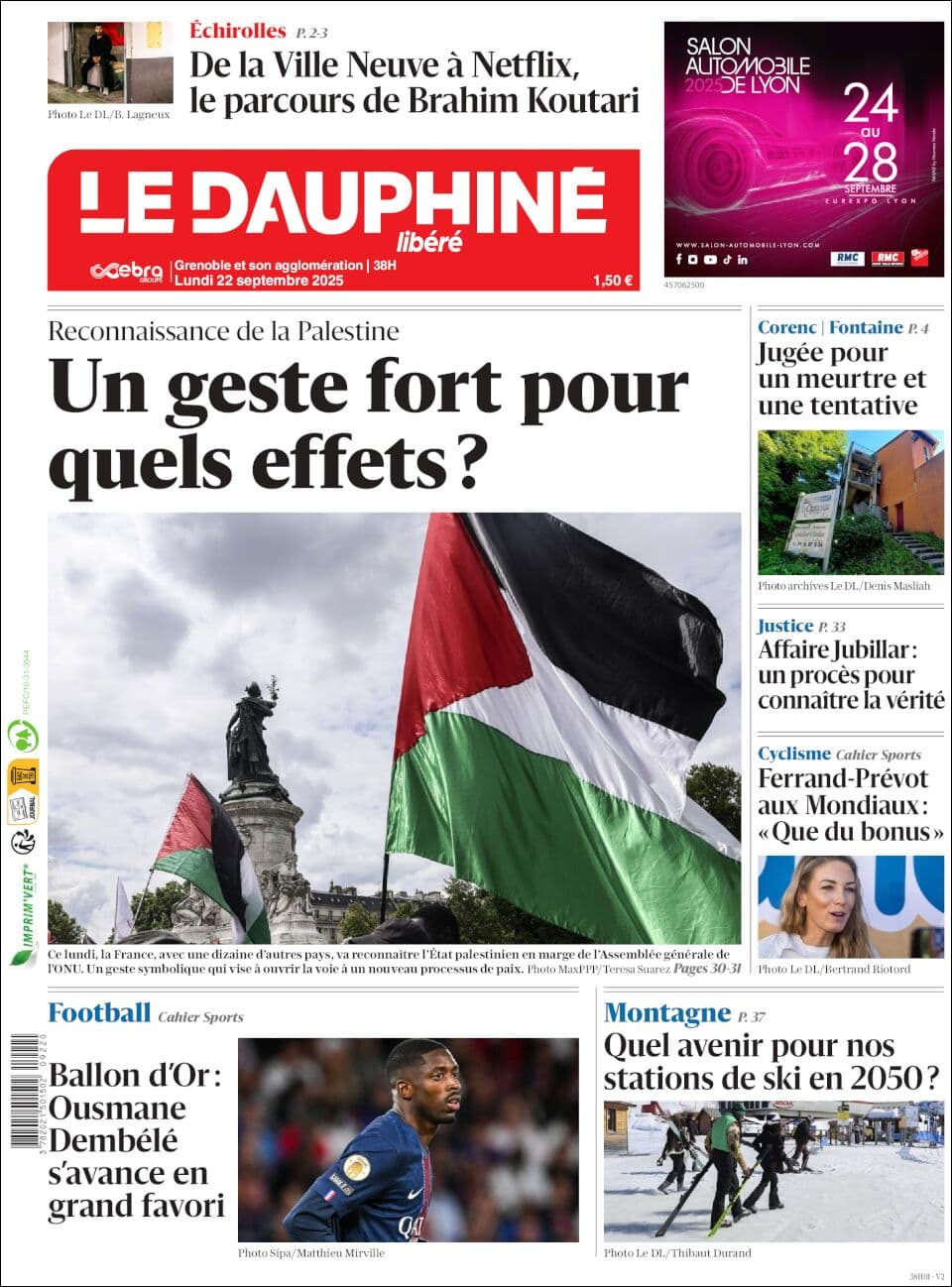 Le Dauphiné front page for Mon Sep 22 2025