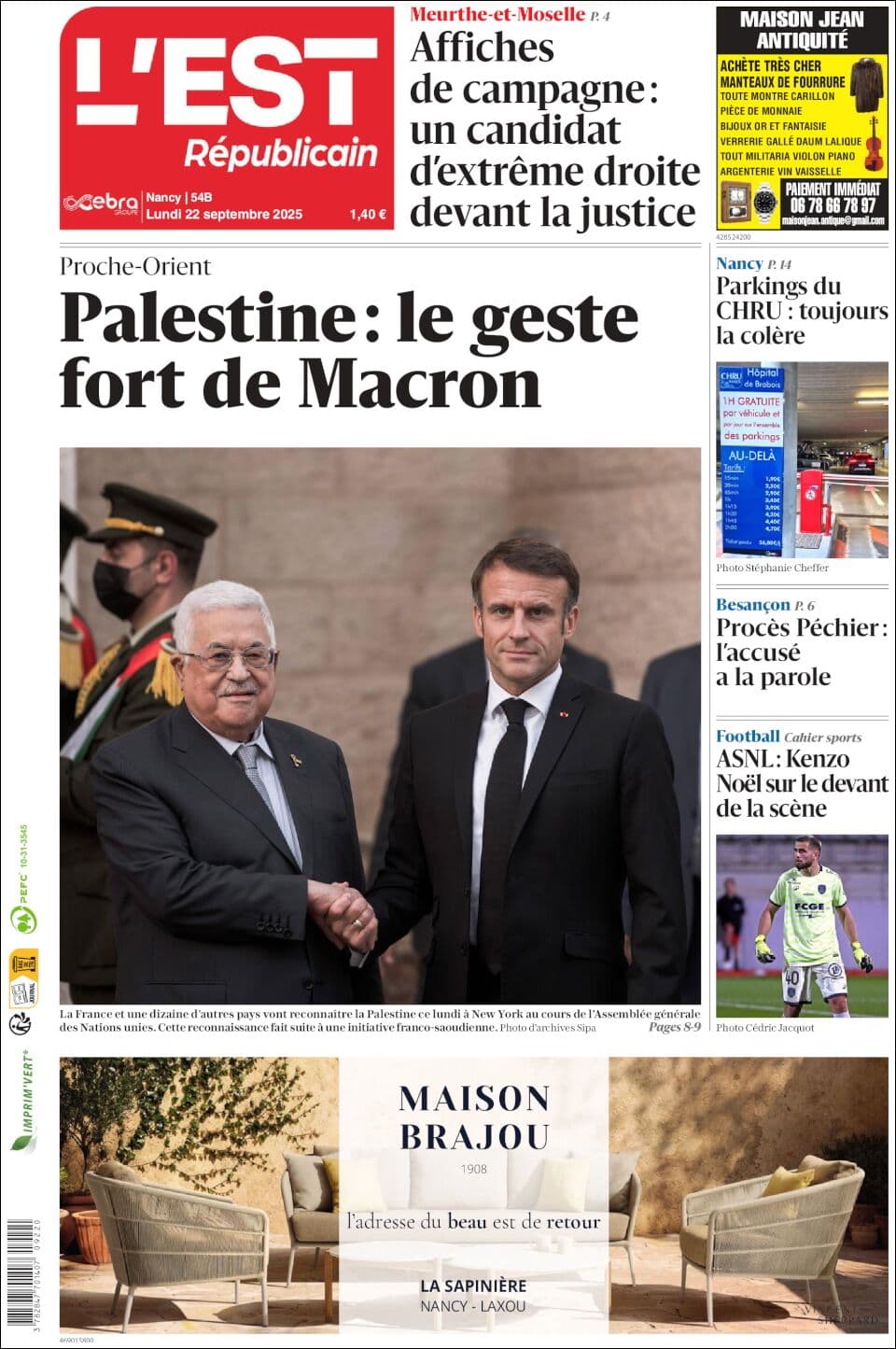L'Est Républicain front page for Mon Sep 22 2025