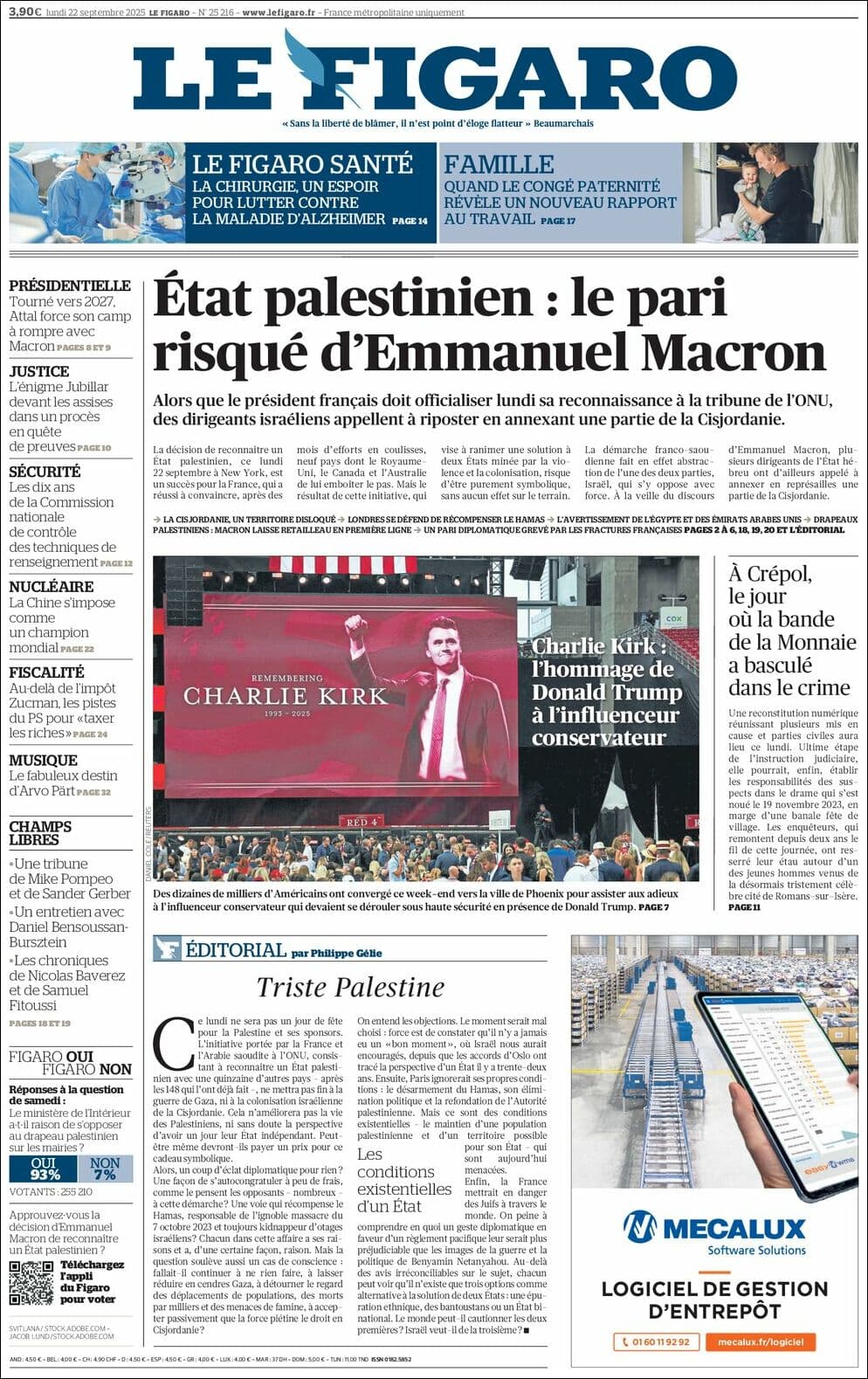 Le Figaro front page for Mon Sep 22 2025