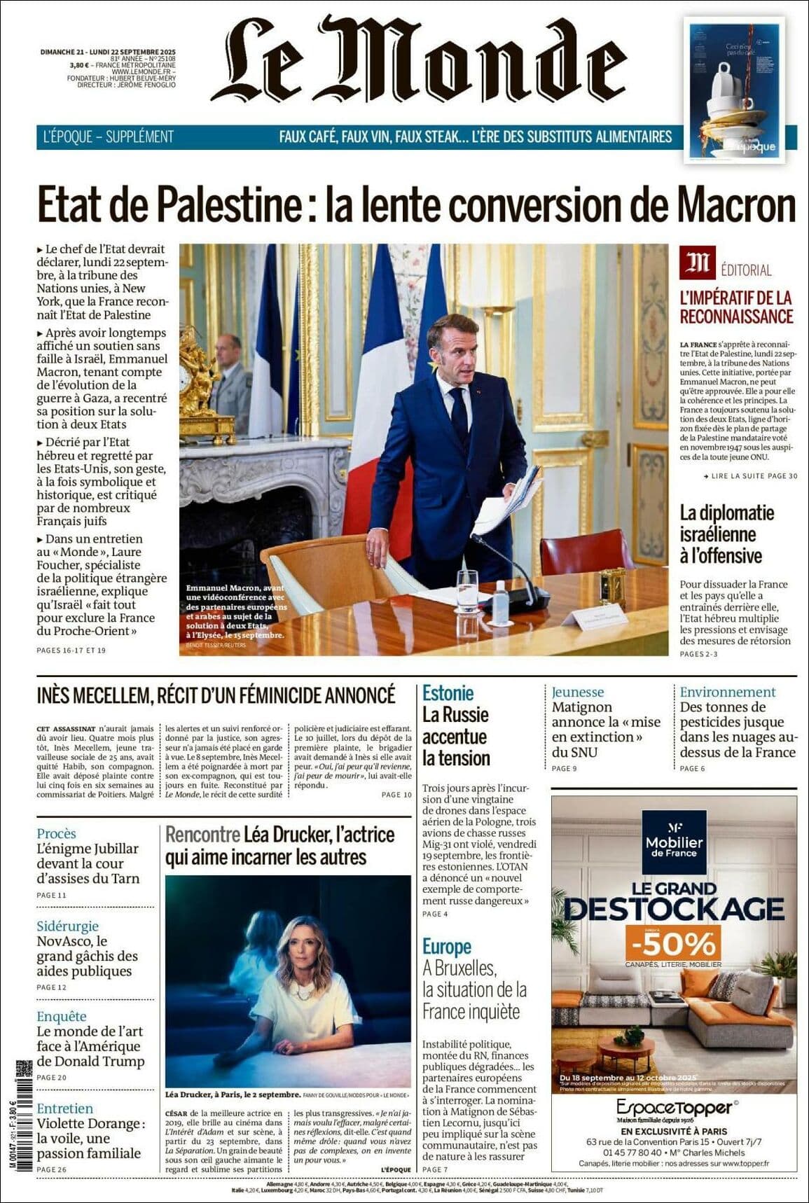 Le Monde front page for Mon Sep 22 2025