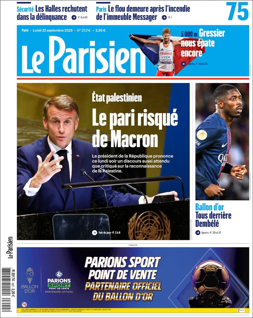 Le Parisien front page for Mon Sep 22 2025
