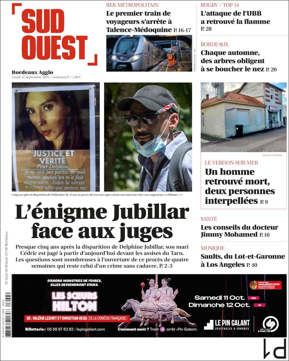 Sud Ouest front page for Mon Sep 22 2025