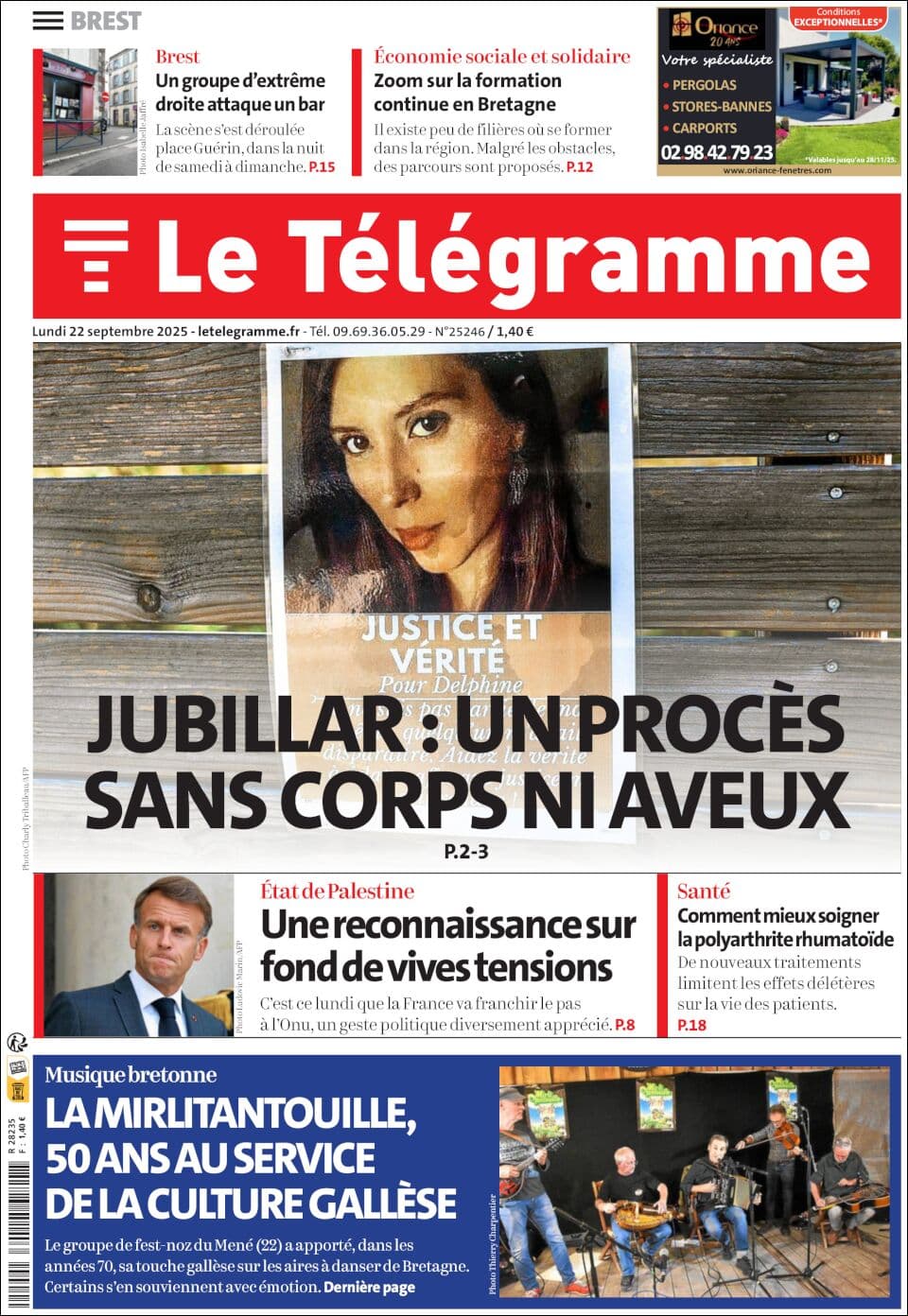 Le Télégramme front page for Mon Sep 22 2025