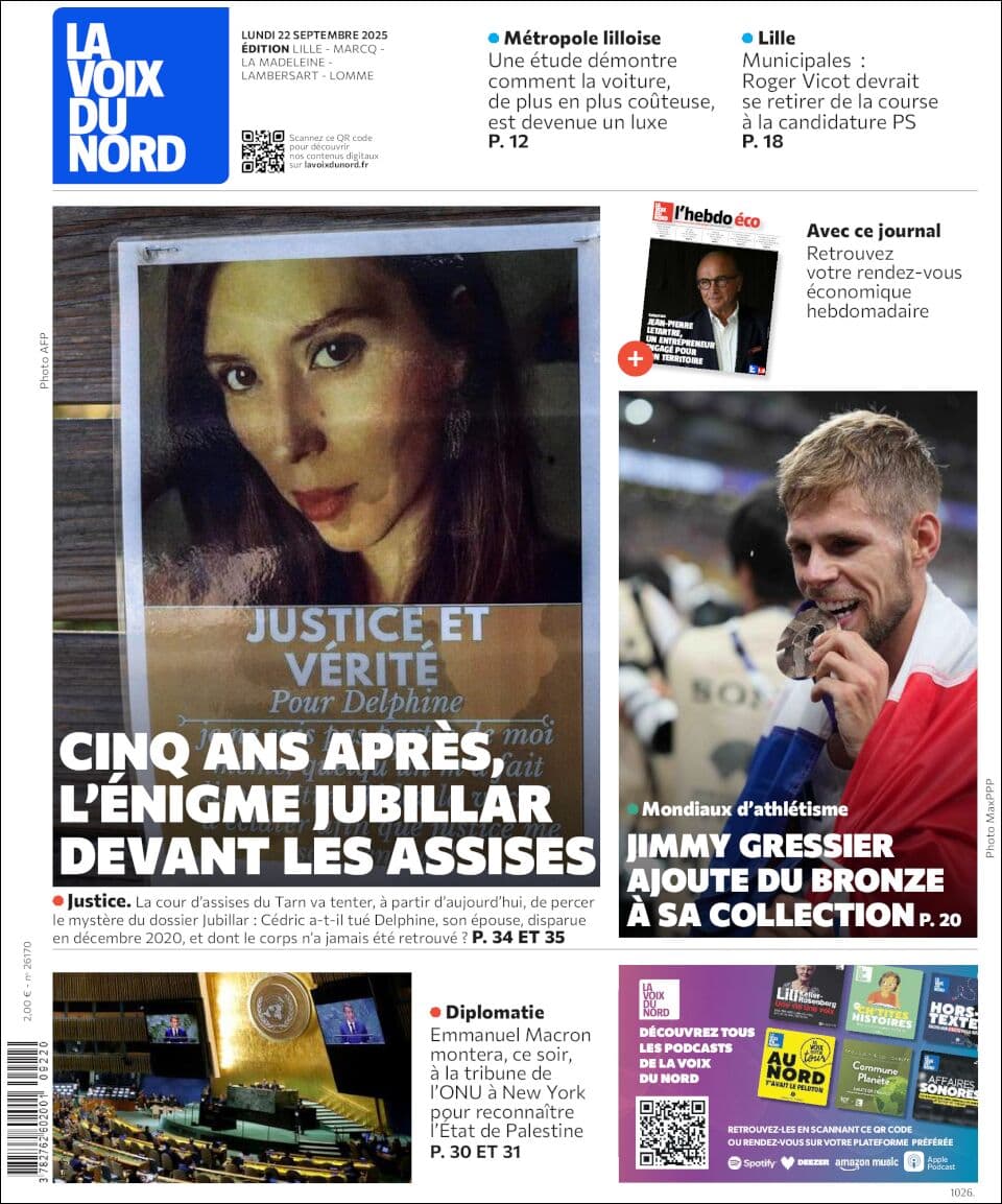 La Voix du Nord front page for Mon Sep 22 2025